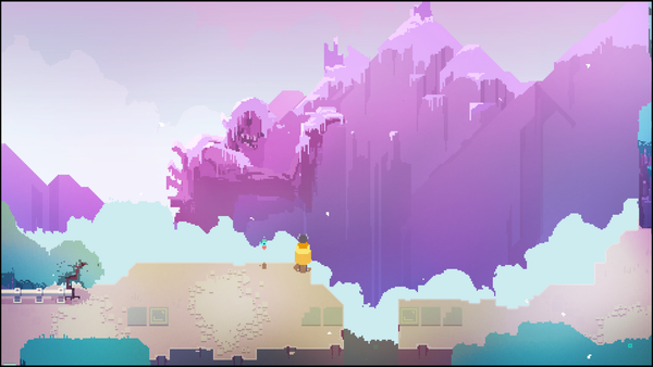 The drifter stands on the edge of a cliff looking into the distance at a giant humanoid skeleton that is leaning against a mountain and is covered in snow and decaying