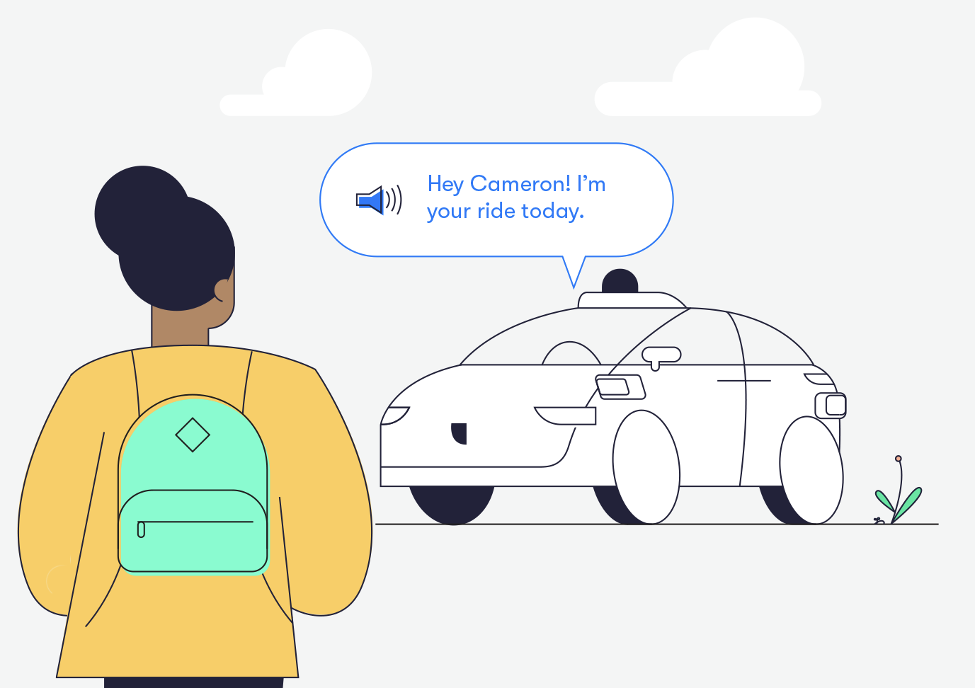 Illustration of a rider with a backpack being greeted by name by a speech bubble from the car.