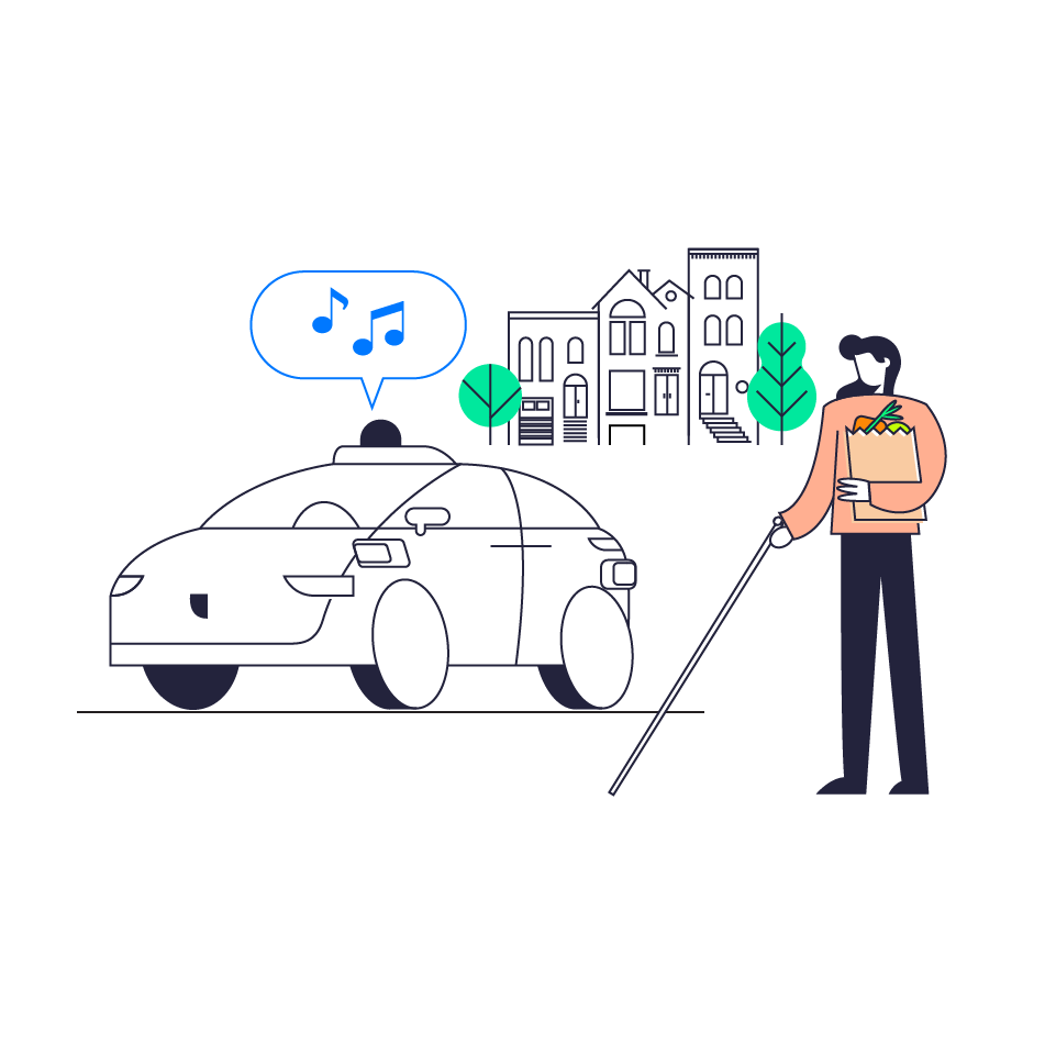 Illustration of a rider with a white cane walking toward a self-driving car that is playing a melody.