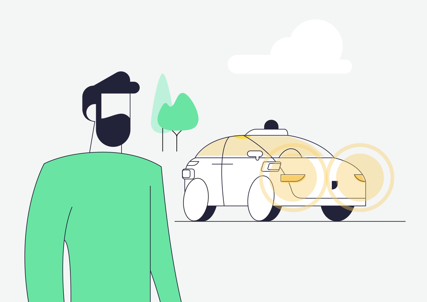 Illustration of a rider looking toward a self-driving car whose lights are glowing to signal its location.