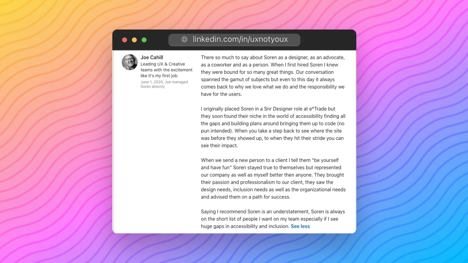 LinkedIn recommendation from Joe Cahill, who managed Soren directly, dated June 1, 2020. Full text follows.