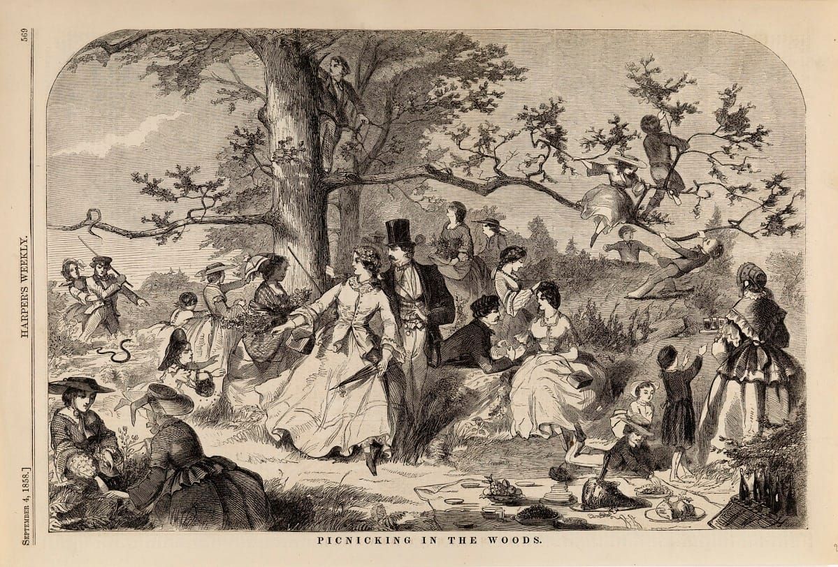 A hand-drawn, black and white print of old-fashioned revelers by a picnic blanket and a tree. Also a snake.