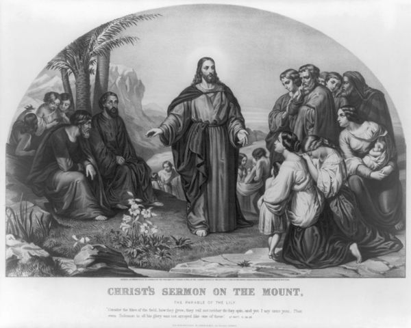 A lithographic print, depicting Jesus on a mountain top, preaching to an attentive crowd.