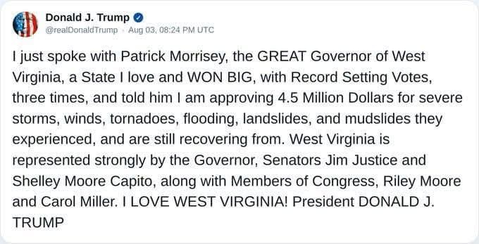 Trump Announces $4.5 Million in Federal Flood Assistance for Lewis, Upshur Counties