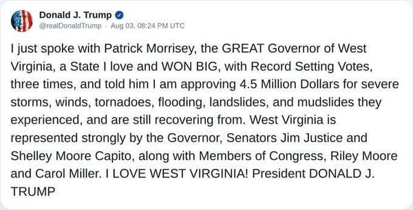 Trump Announces $4.5 Million in Federal Flood Assistance for Lewis, Upshur Counties