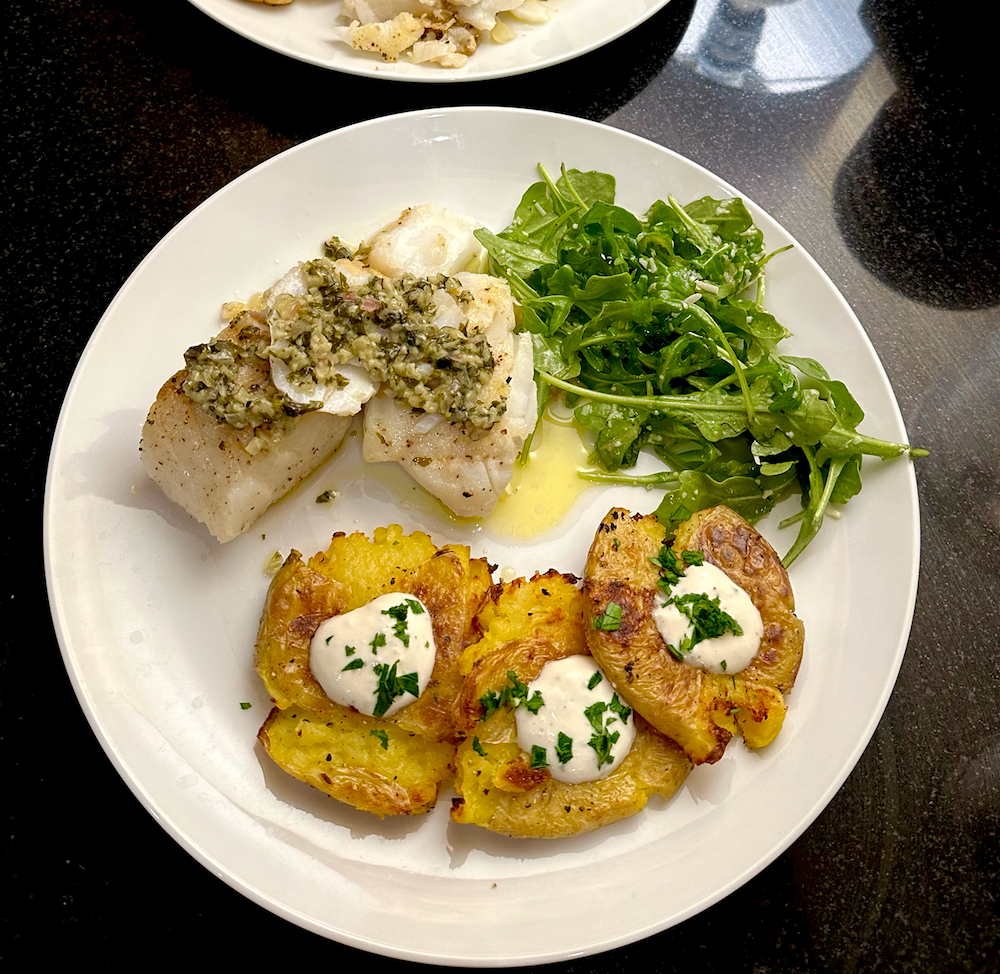 A Bright Weeknight Dinner: Lemon Butter Cod, Smashed Potatoes with Spicy Whipped Feta, and Arugula Salad