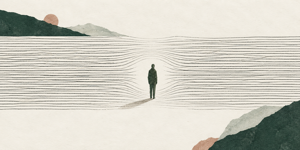 An anonymous figure stands in a pause between fine horizontal lines, framed by torn forest-green paper on an ivory background.