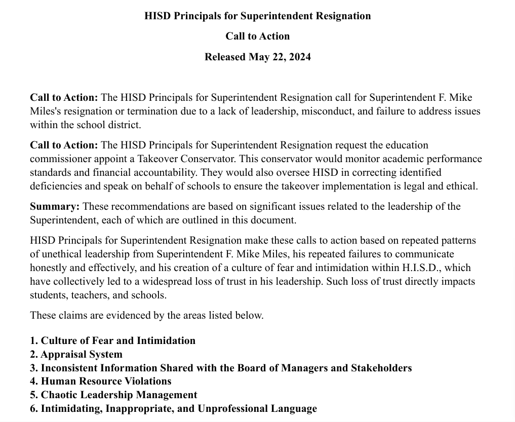 Full Text of the Call to Action from HISD Principals for Superintendent Resignation