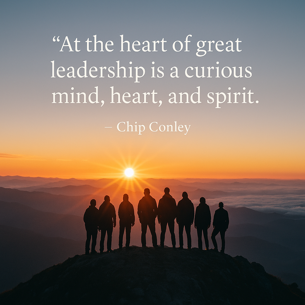 A motivational quote overlays a photorealistic sunrise scene where silhouetted figures stand together at a mountain summit, symbolizing leadership, passion, and connection.