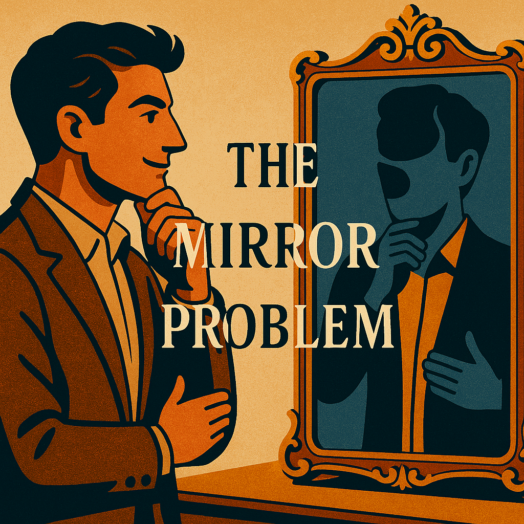 Person looking into mirror with dark voids in reflection representing blind spots. Text 'The Mirror Problem' appears vertically in center.