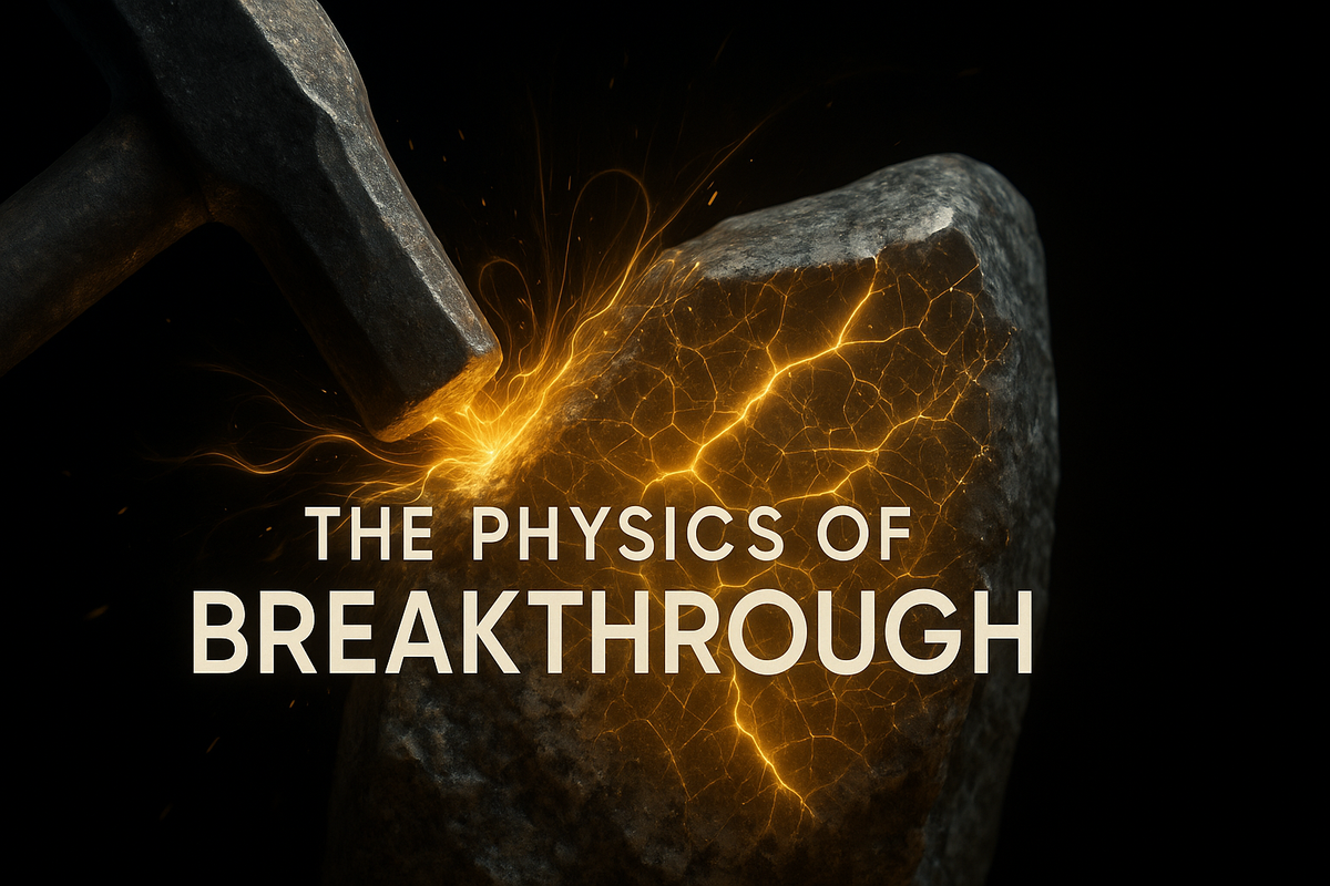 Hammer striking stone energy transmission physics breakthrough persistence exponential compound results visualization