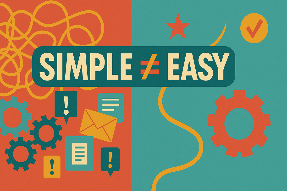 Split illustration: left shows complexity with tangled lines and multiple icons, right shows simplicity with clean path and single gear. Text reads "SIMPLE ≠ EASY"