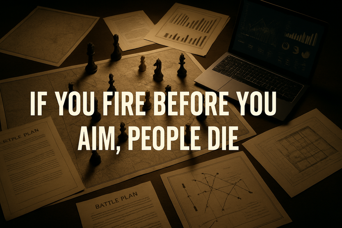 A cinematic overhead view of a war room table with maps, chess pieces, strategic documents, and a laptop, featuring the centered quote “If You Fire Before You Aim, People Die.”
