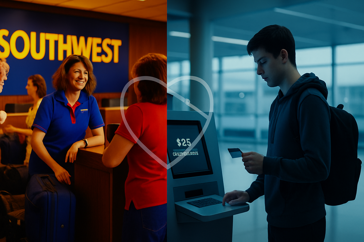 ChatGPT said:  Split-screen image showing a vibrant, friendly 1990s Southwest Airlines counter on the left and a cold, modern airport kiosk on the right, divided by a fading heart logo.