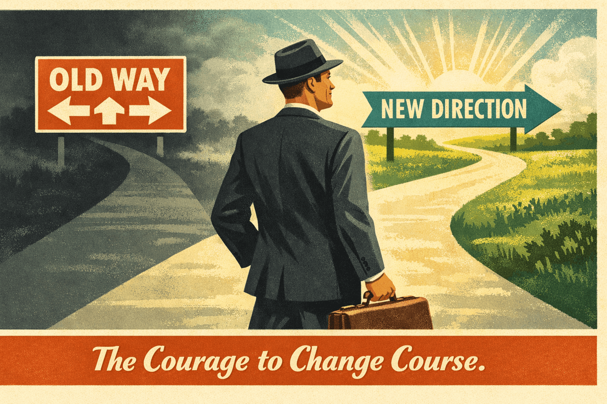 A mid-century style illustration of a businessman choosing a bright new path at a crossroads, labeled “New Direction,” with the tagline “The Courage to Change Course.”