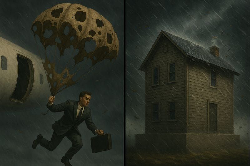 A man falls from a plane with a shredded parachute beside a sturdy grounded house that stands firm while wind and rain crash around it.