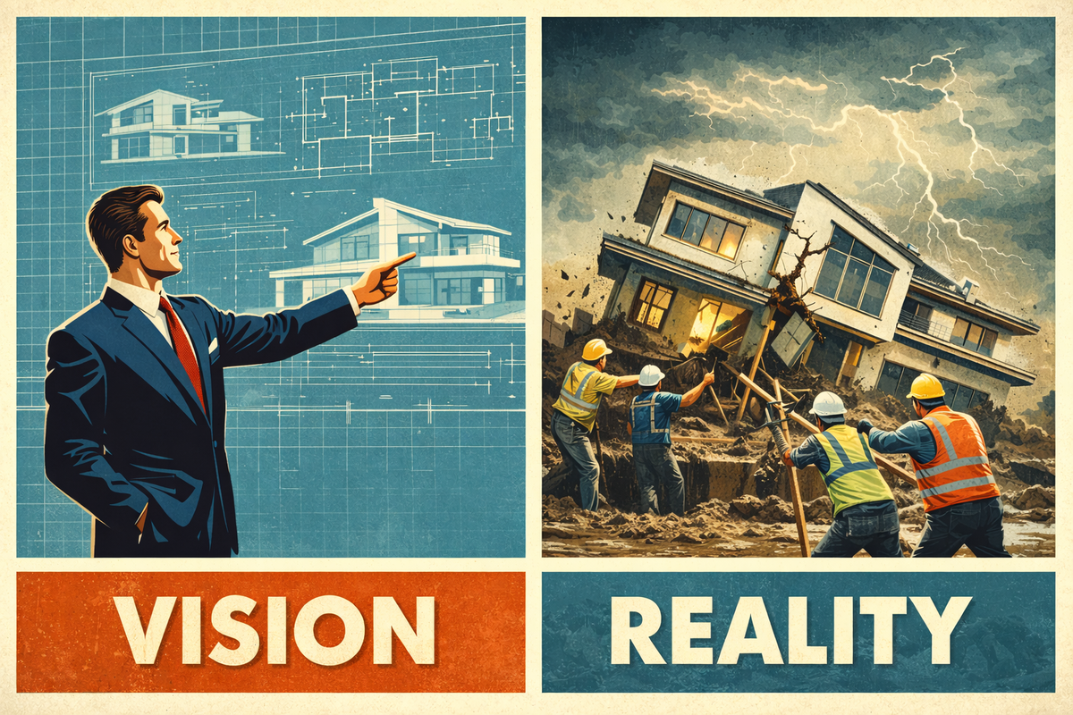 Split image: architect pointing at perfect blueprints labeled Vision; collapsed house in storm with contractors watching, labeled Reality