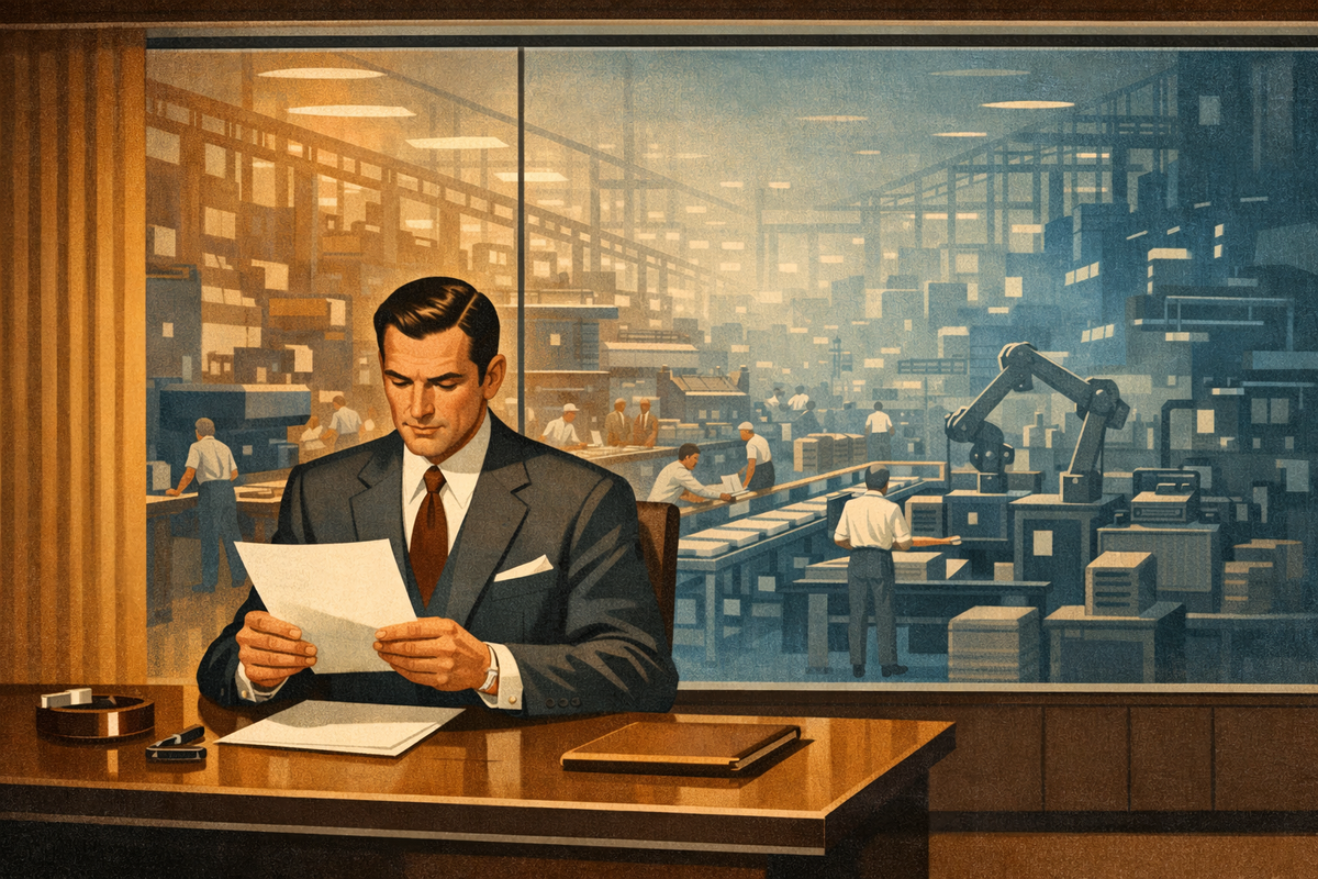  A suited man reads a document at a desk, unaware of the vast factory floor and robotic machinery visible through the window behind him.