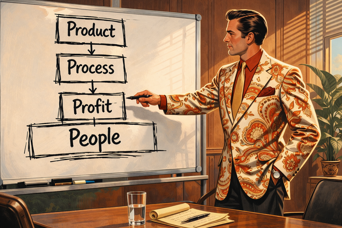 Man in a patterned blazer points to a whiteboard diagram showing Product, Process, and Profit stacked above a wider foundation block labeled People.