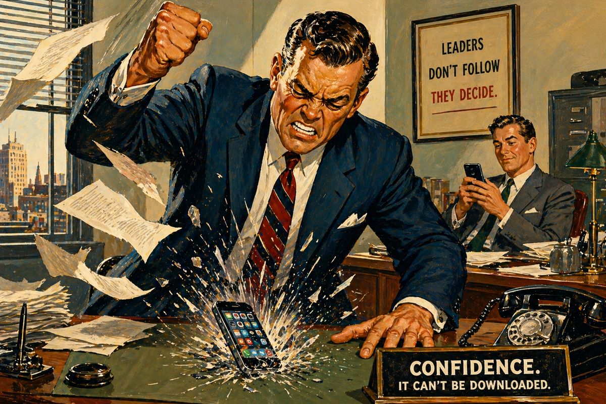 A 1950s-style office scene shows a furious businessman smashing a smartphone on his desk as papers fly, while a calm colleague in the background casually uses the same phone.