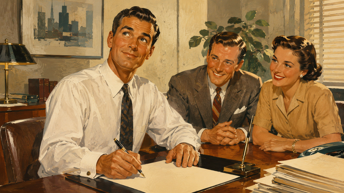 1950s illustration of a man in a white shirt and tie signing a blank document at a desk, two smiling colleagues seated beside him, city skyline painting visible on the wall behind them.