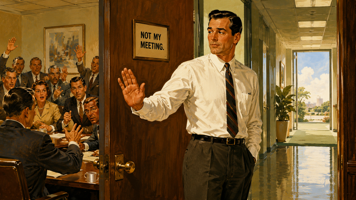 1950s illustration of a man in a white shirt and tie raising his hand to decline entering a crowded meeting room, turning toward an open office hallway leading to bright daylight.