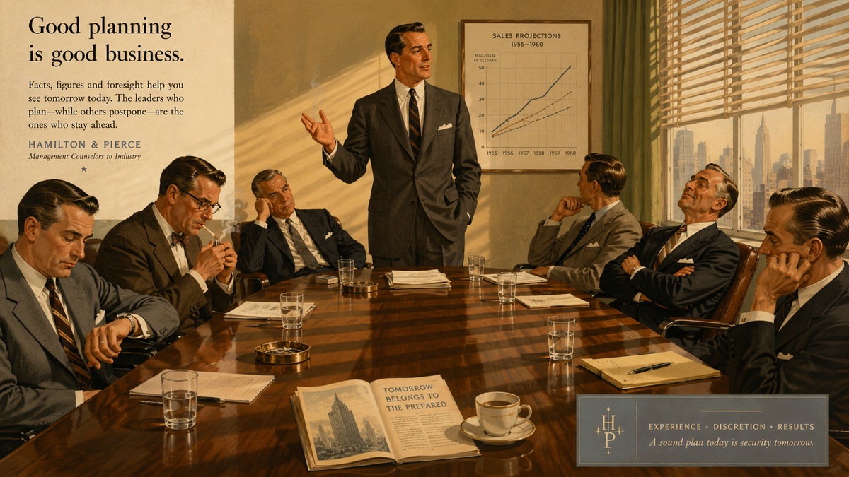 Vintage 1950s advertisement illustration of a boardroom, one man standing and speaking at a long table while six seated executives look away, check their watches, and lean back.