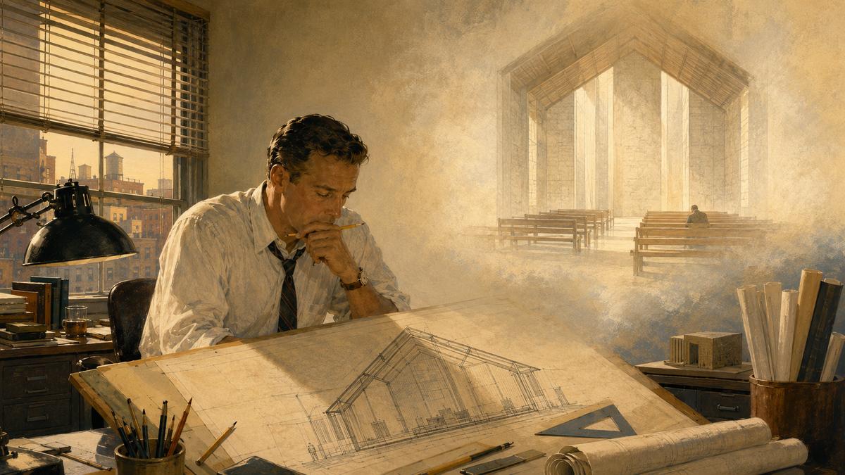 A 1950s illustration of a draftsman at his board, pencil paused, the sanctuary he is drawing glowing above him with one figure seated alone in the benches.