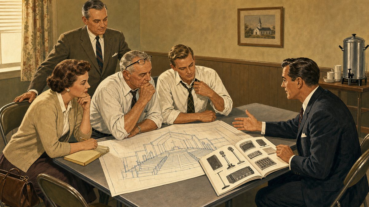 Vintage 1950s illustration of a church committee meeting, four volunteers studying a sanctuary blueprint while a salesman gestures at an equipment catalog across the table.