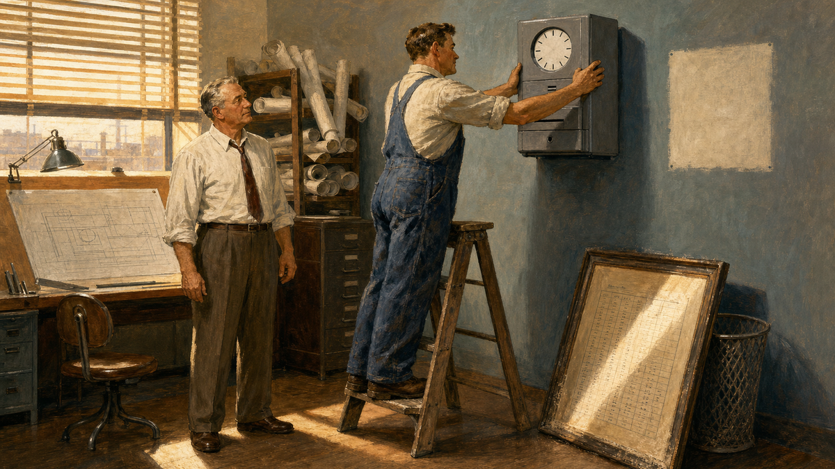 A workman on a stepladder mounts an industrial punch clock on an office wall while a framed table of printed figures leans against a wastebasket and a draftsman watches.
