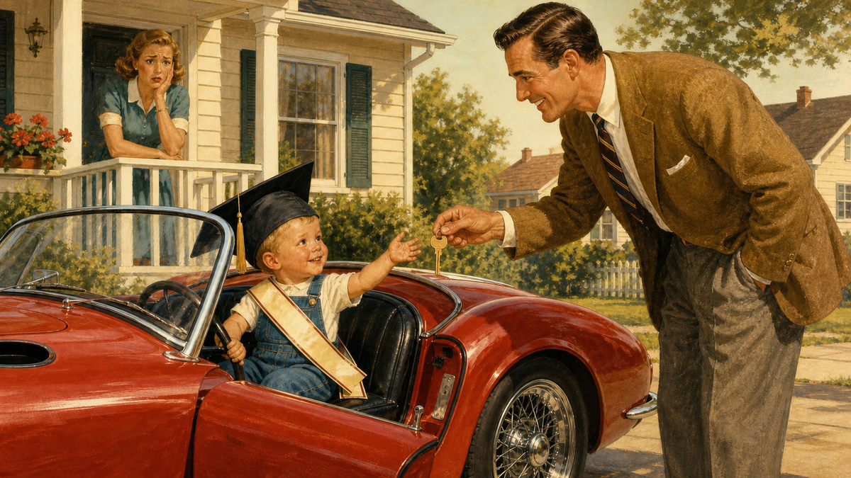 A 1950s-style illustration of a father handing car keys to a toddler in a graduation cap behind the wheel of a red sports car, while a worried mother watches from the porch.