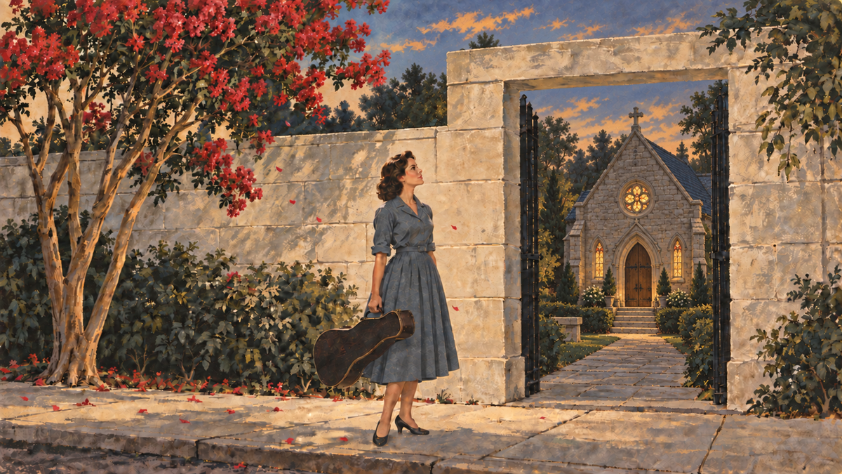 Vintage illustration of a woman holding a guitar case beside a limestone wall and red crepe myrtle, looking up, with an open gate leading to a stone chapel at dusk.