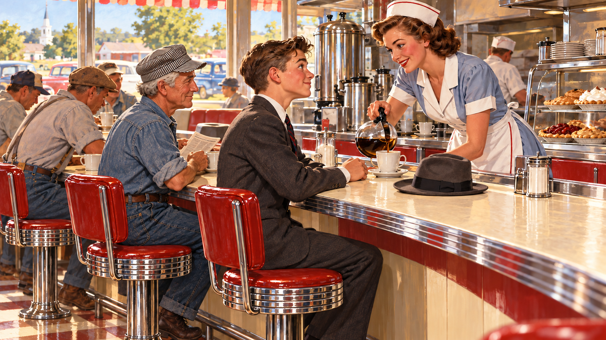 An older man in denim looks toward a suited teenage boy as a waitress pours the boy’s coffee at a sunny diner counter.