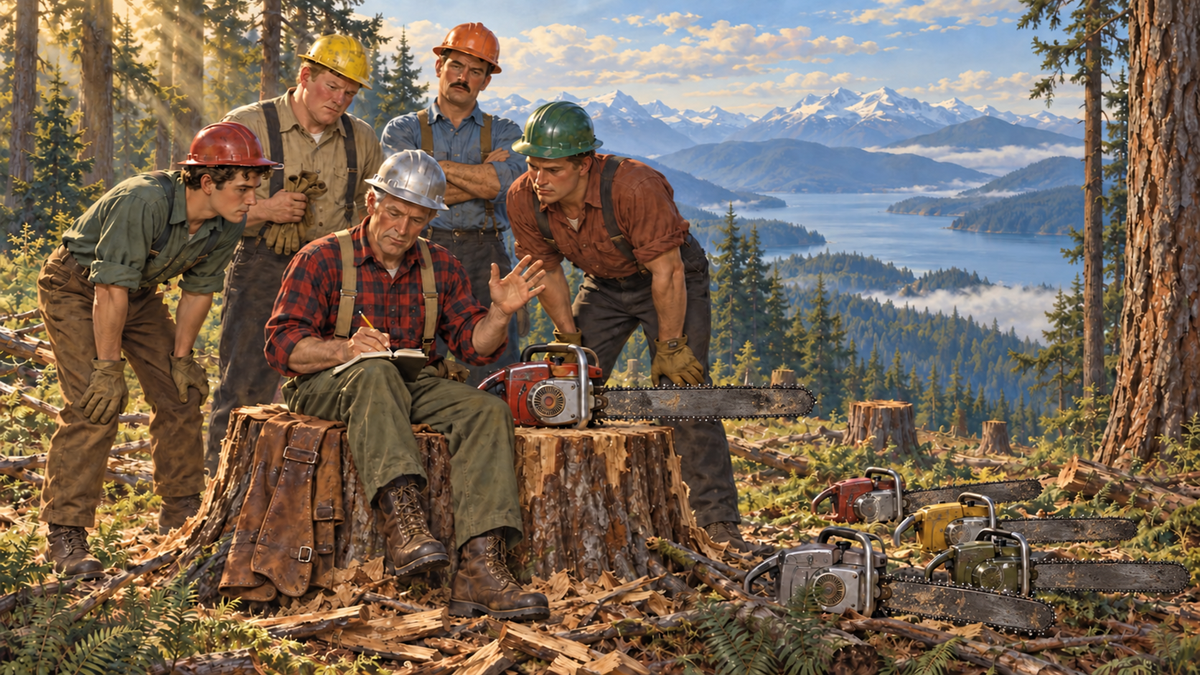 1950s-style painting of a veteran forester writing in a notebook on a stump as four young loggers watch, their chainsaws resting nearby above a misty mountain lake.