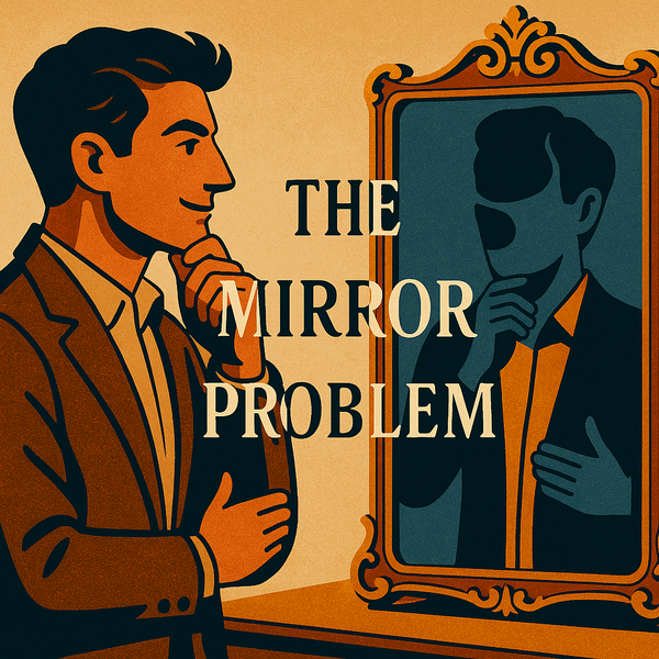 Person looking into mirror with dark voids in reflection representing blind spots. Text 'The Mirror Problem' appears vertically in center.
