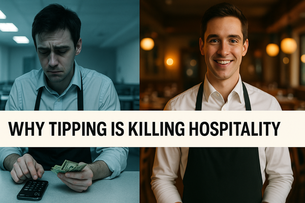 Split image of server: left side shows stress under fluorescent lights counting tips, right side shows confidence in warm lighting. Title reads "Why Tipping Is Killing Hospitality."