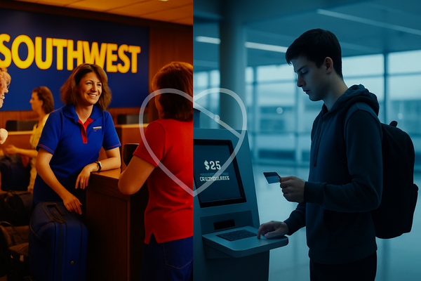 ChatGPT said:  Split-screen image showing a vibrant, friendly 1990s Southwest Airlines counter on the left and a cold, modern airport kiosk on the right, divided by a fading heart logo.