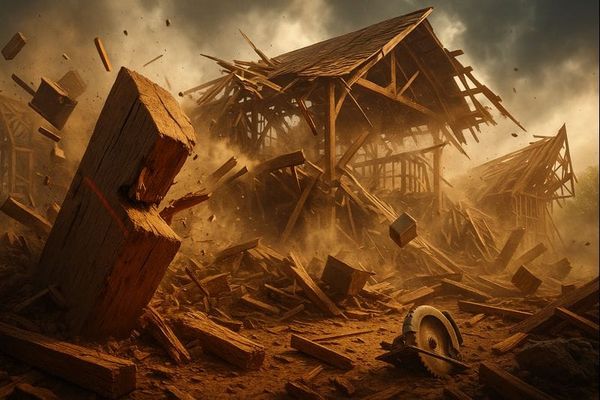 A timber structure collapses in a chain reaction, beams snapping, roof falling, and debris exploding outward from a single mis-cut beam. No humans.