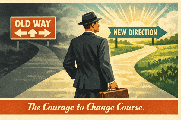 A mid-century style illustration of a businessman choosing a bright new path at a crossroads, labeled “New Direction,” with the tagline “The Courage to Change Course.”
