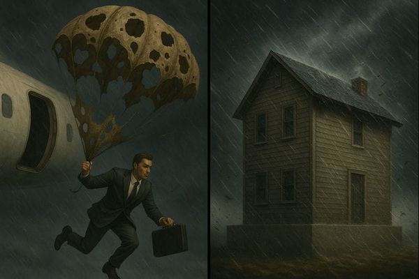 A man falls from a plane with a shredded parachute beside a sturdy grounded house that stands firm while wind and rain crash around it.