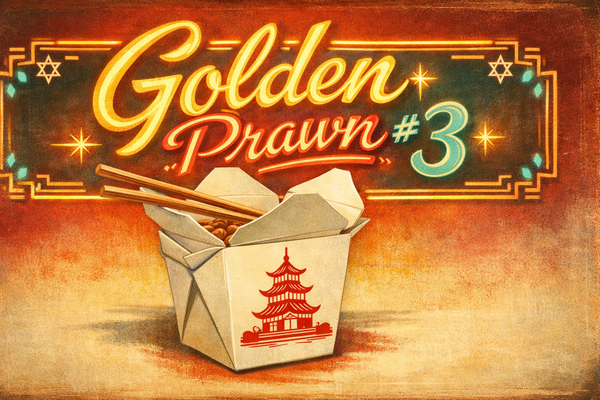 Vintage 1950s-style illustration featuring a Chinese takeout container and neon restaurant signage with subtle Jewish cultural elements, evoking mid-century American dining culture.