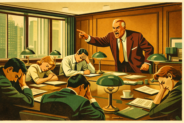 1950s-style illustration of executive yelling at conference table while employees disengage, representing the futility of announced authority and hollow leadership
