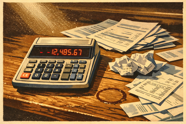 Vintage calculator showing red negative numbers on wooden desk with scattered invoices and crumpled receipts, showing the hidden costs founders don't calculate