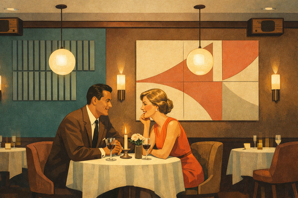 1950s-style illustration of an elegant couple dining in a mid-century modern restaurant with decorative acoustic panels and architectural speakers integrated into the walls. No text overlay.