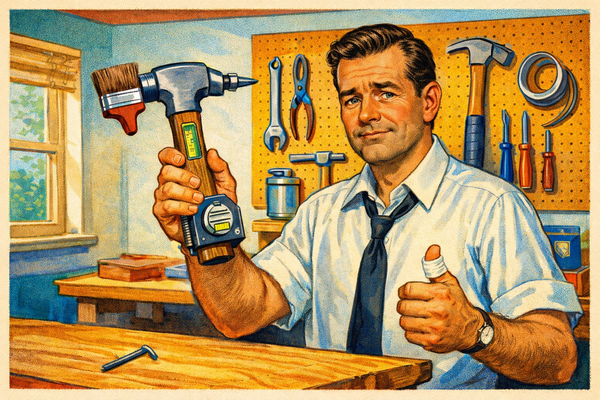 A 1950s-style illustration of a man in a workshop holding an overbuilt hammer with attached tools, his bandaged thumb visible, expression showing disbelief and quiet resignation.
