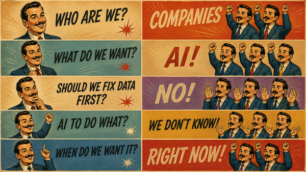 Vintage protest-style illustration of businessmen chanting AI slogans, unaware they cannot answer the most basic question about what they need it for.