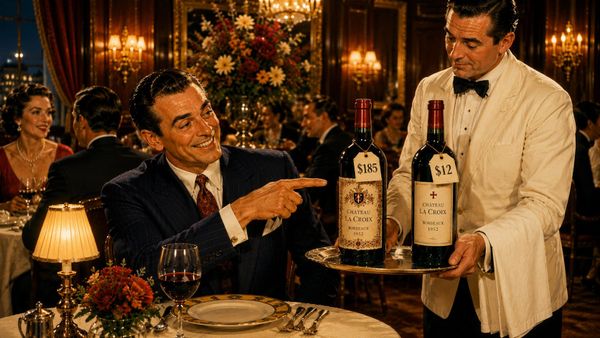 A 1950s-style restaurant scene where a seated man points eagerly at a $185 wine while a waiter holds an identical $12 bottle of the same vintage.