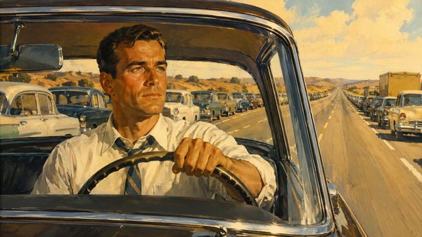 1950s illustration of a man in a white shirt and tie gripping a steering wheel, surrounded by stopped highway traffic, gazing ahead with calm resolve.
