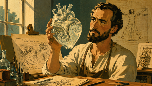A bearded man in a workshop holds a clear glass heart filled with swirling water and grass seeds, river-current sketches and a Vitruvian figure behind him.