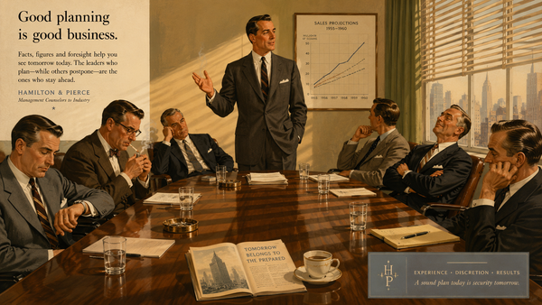 Vintage 1950s advertisement illustration of a boardroom, one man standing and speaking at a long table while six seated executives look away, check their watches, and lean back.